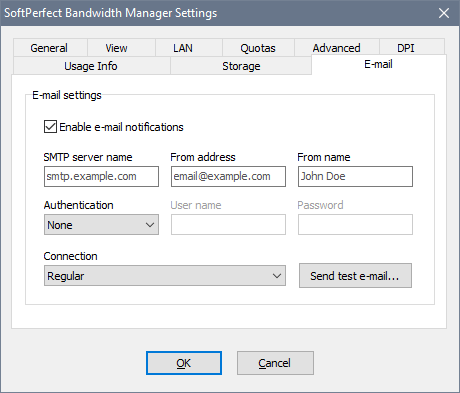 SoftPerfect Bandwidth Manager Settings - E-mail tab