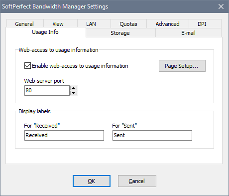 SoftPerfect Bandwidth Manager Settings - Usage Info tab