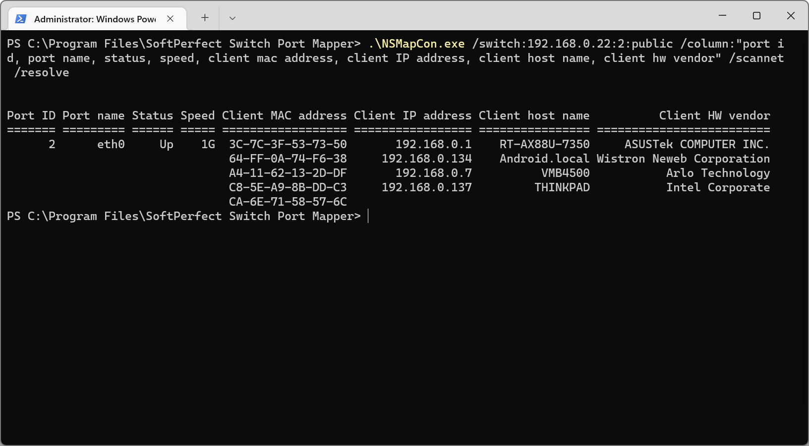 SoftPerfect Switch Port Mapper - Command line