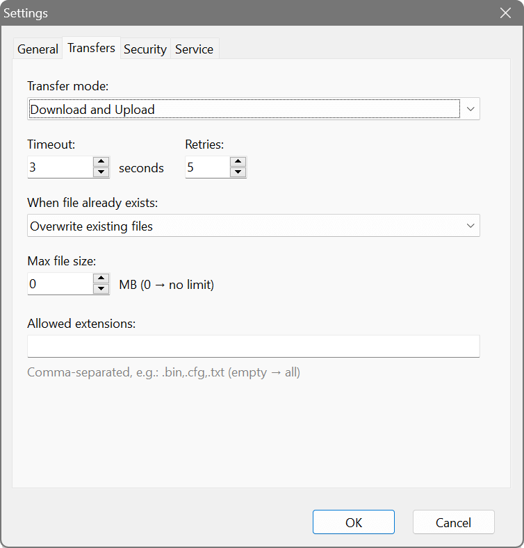 TFTP Server - Transfer settings