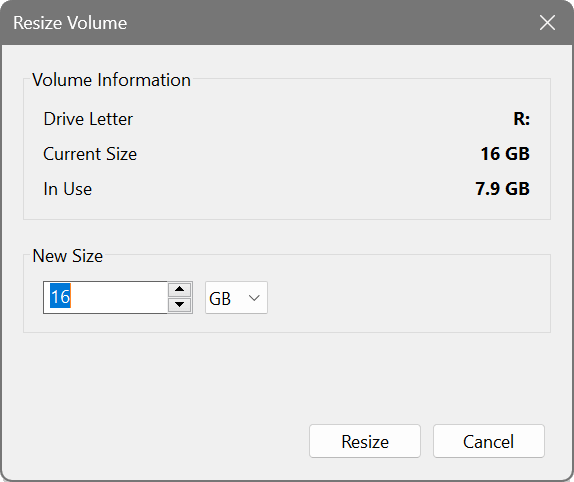 The Resize Volume dialog