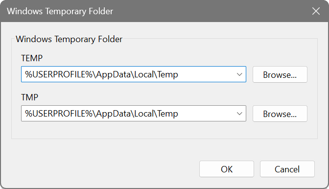 The Windows Temporary Folder dialog
