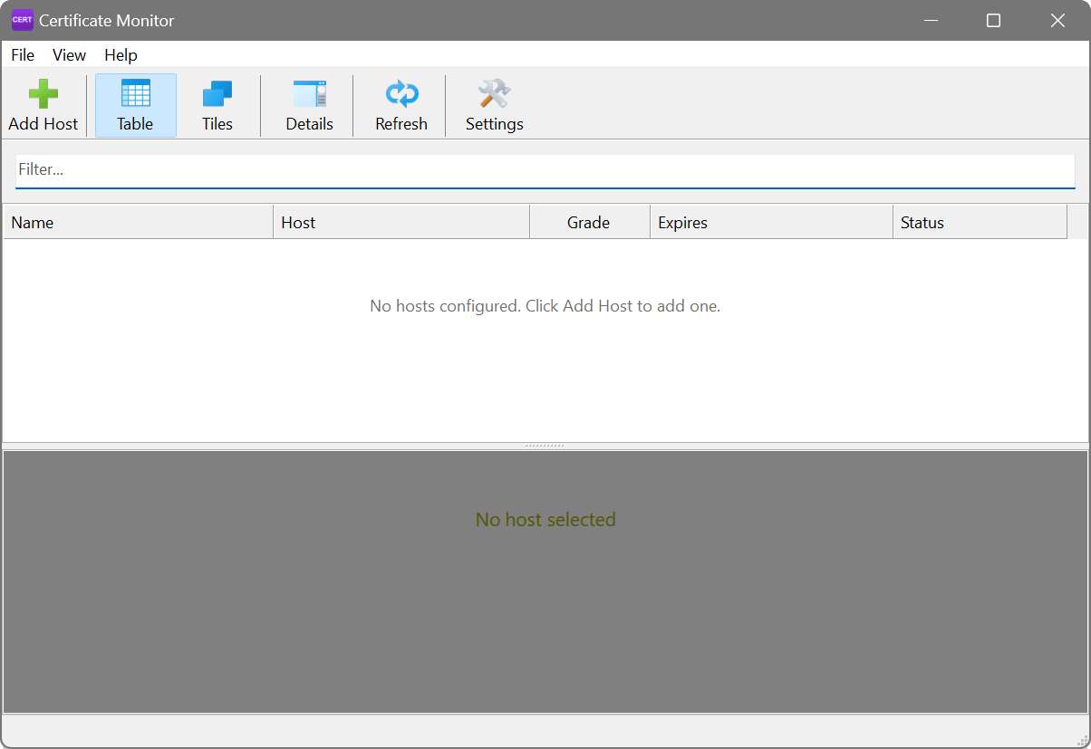 Certificate Monitor start window