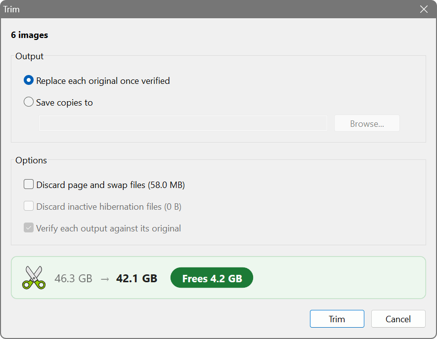 The Trim dialog of SoftPerfect Virtual Disk Trim